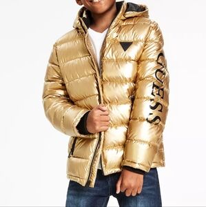 Guess Metallic Gold Puffer Jacket with Logo Sleeve